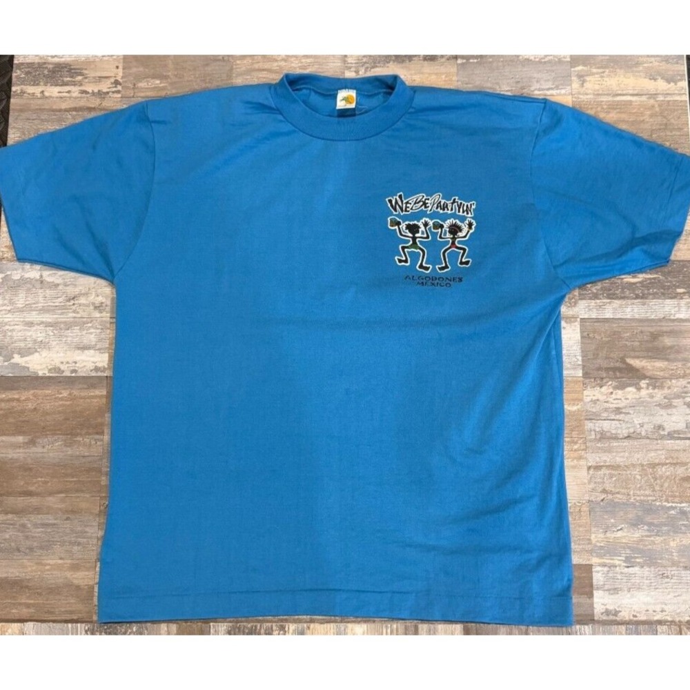 VTG 90s We Be Partyin Algodones Mexico Shirt Size L Single StitchMens Blue